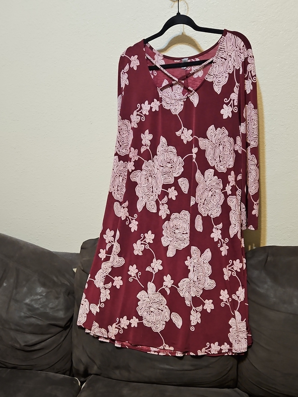 Honeyme Burgundy Floral Midi Dress with Light Pink Pattern